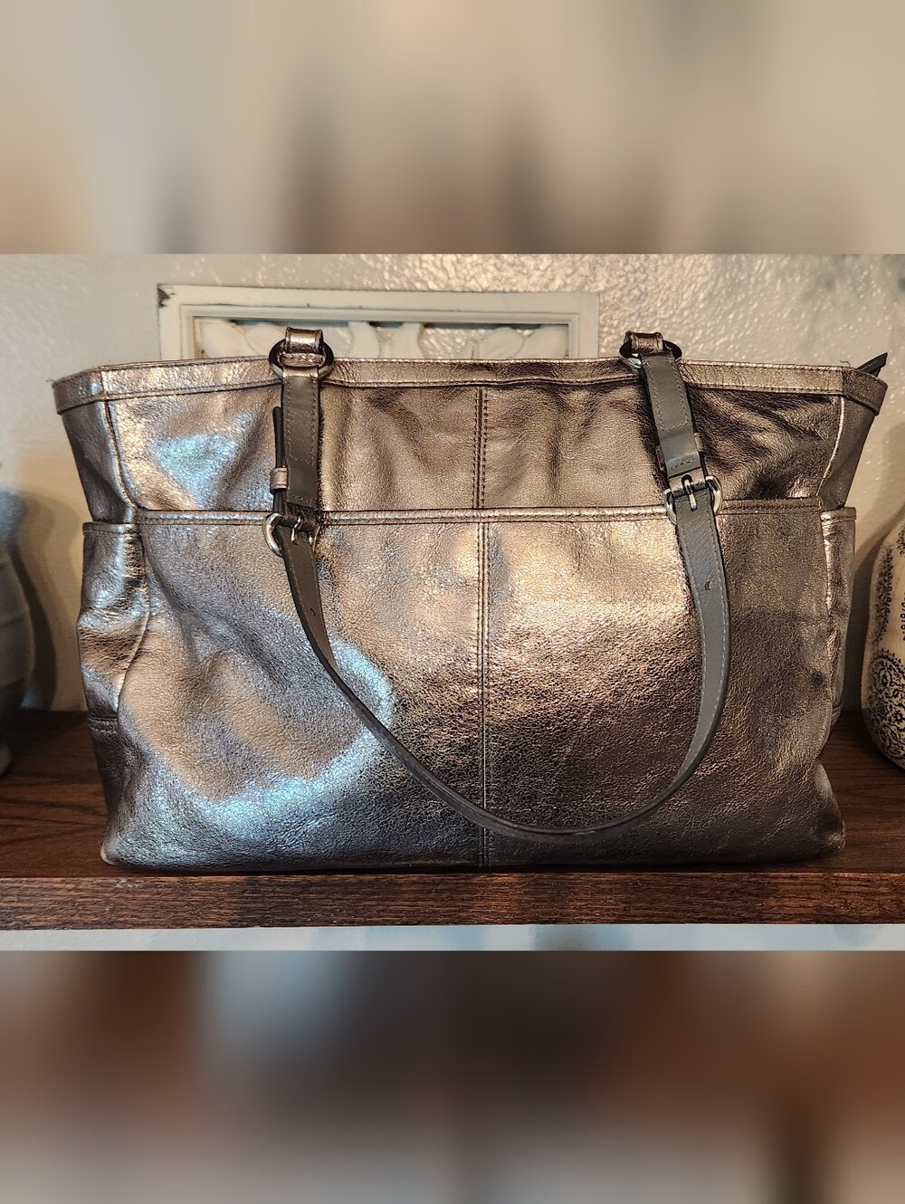 Vintage Y2k Coach Gallery Metallic Silver Pewter Leather Tote Shoulder Bag - Picture 4 of 6